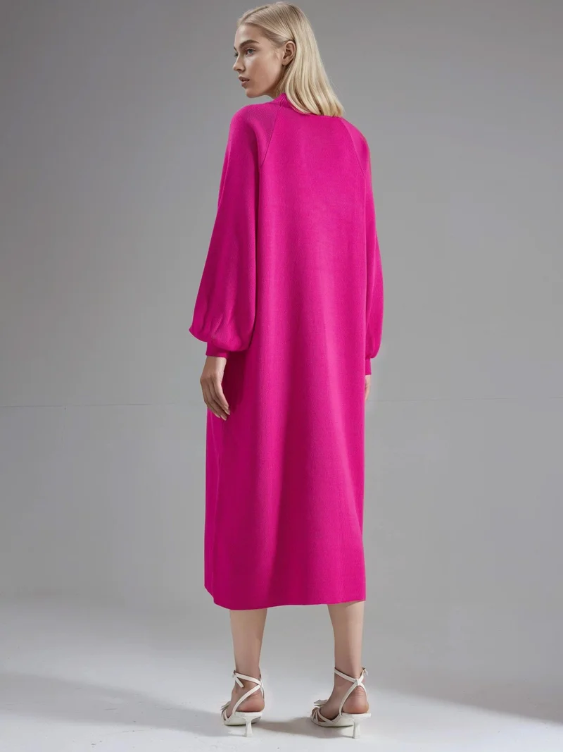 MY FASHION Magenta Pink MY FASHION Long Loose Fit Ribbed Knit Dress with Crew Neck for Women | Best Price UAE